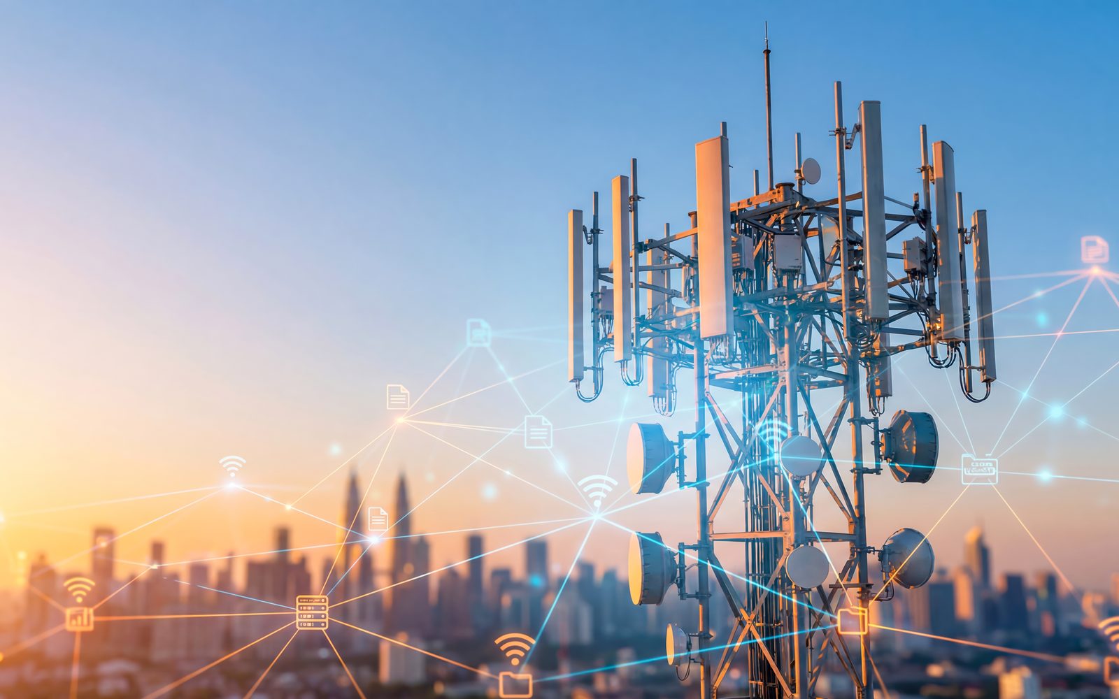 Mobilfunkmast mit vernetzten Datenpunkten über der Stadt
